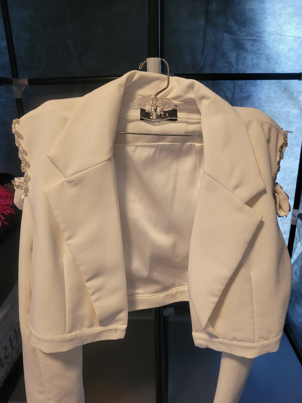 AKIRA White Rhinestone Cutout Shoulder Cropped Blazer